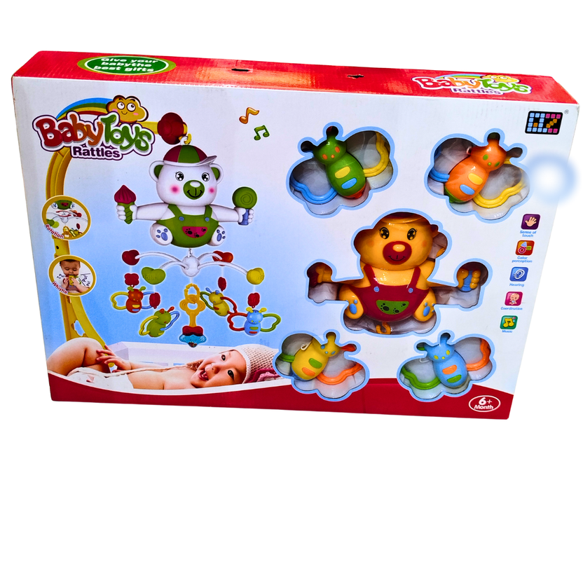 🐻 Baby Musical Rattles Toy Set – Hanging Crib Mobile with Animal Rattles & Light-Up Bear (6M+) Main image