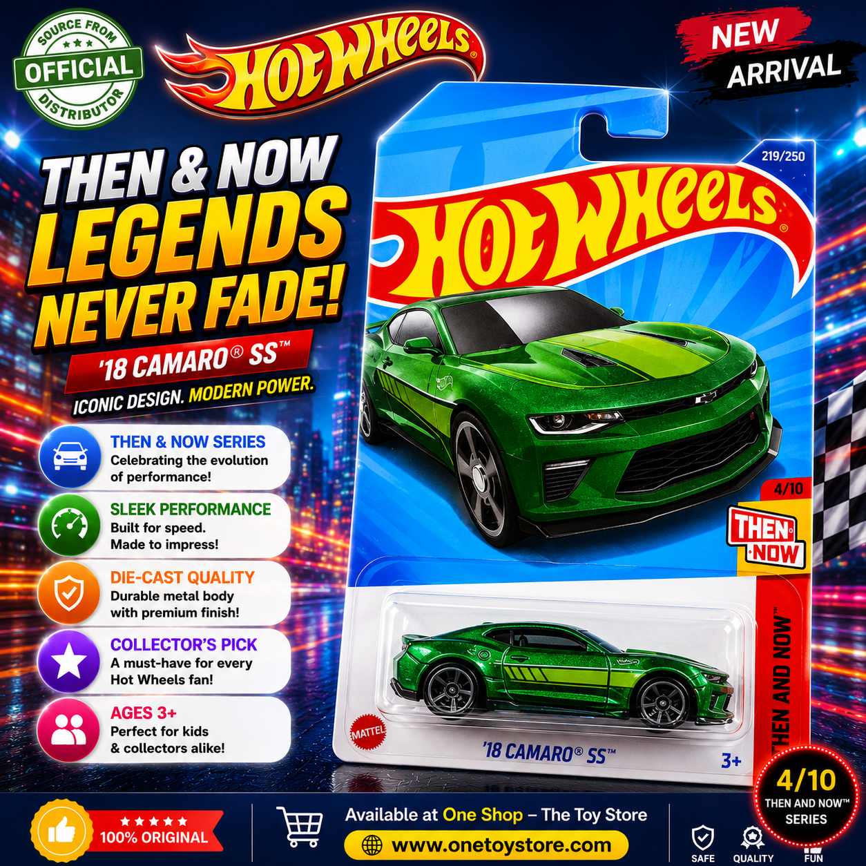 💚 Hot Wheels ’18 Camaro SS – Then and Now Series | Green Die-Cast Muscle Car Toy for Kids & Collectors (3+)