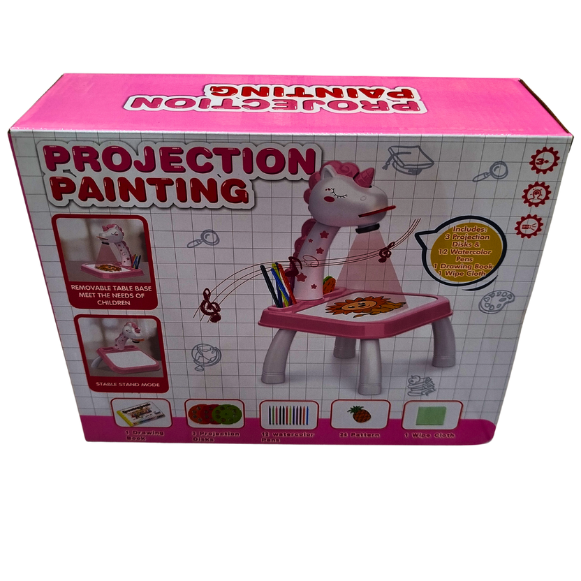Projection Painting Table Set for Kids | Unicorn Projector Drawing Toy with Lights, 3 Slides & 12 Markers (YimaToys) Main image