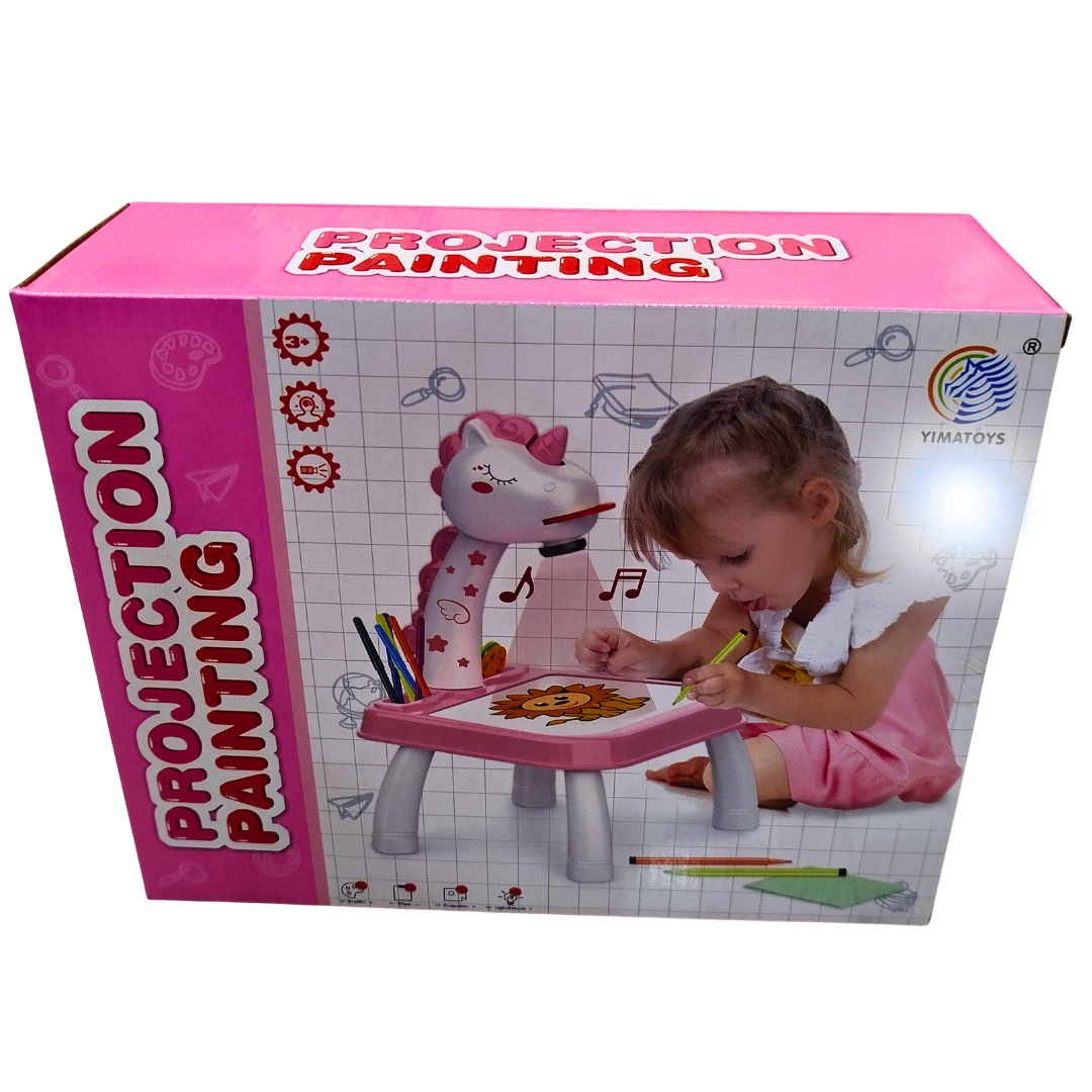 Projection Painting Table Set for Kids | Unicorn Projector Drawing Toy with Lights, 3 Slides & 12 Markers (YimaToys)