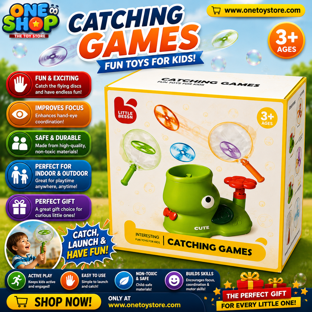 Kids Flying Disc Catching Game Set – Interactive UFO Launcher & Catch Net Toy for Boys & Girls | Outdoor Sports & Coordination Game Ages 3+