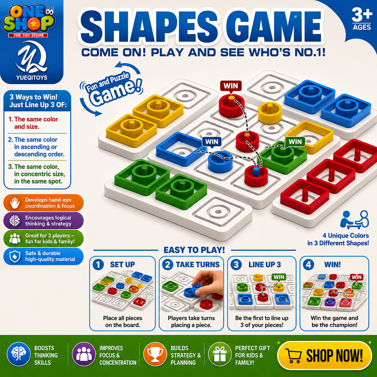 Shapes Game Educational Board Game for Kids – Color & Shape Matching Strategy Puzzle Toy | STEM Learning Game for Boys & Girls Age 4+