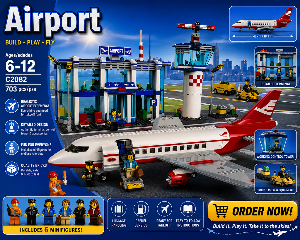 Airport Building Blocks Set 703 Pieces – Passenger Airplane & Airport Terminal Construction Toy for Kids | Aviation Playset with Control Tower | STEM Educational Building Set 6-12 Years