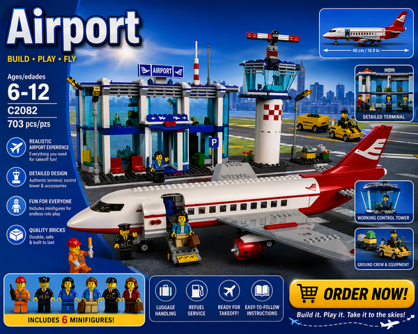Airport Building Blocks Set 703 Pieces – Passenger Airplane & Airport Terminal Construction Toy for Kids | Aviation Playset with Control Tower | STEM Educational Building Set 6-12 Years