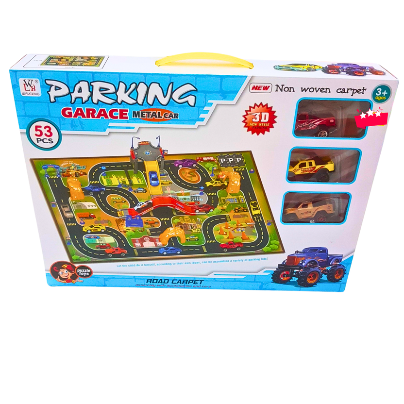 53-Piece Parking Garage Playset with Metal Cars & Road Carpet – Car Parking Lot Toy for Kids with Accessories (Ages 3+) Main image