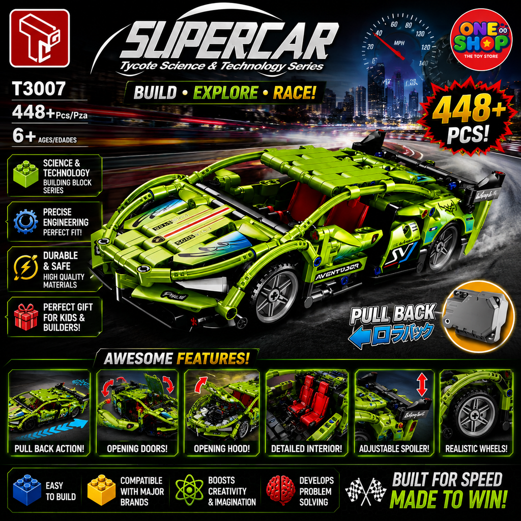 Supercar Pull Back Building Blocks Set – 448 Pieces Sports Racing Car Construction Toy with Pull-Back Function for Kids 6+ | Model T3007