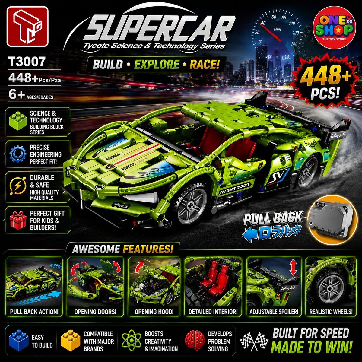 Supercar Pull Back Building Blocks Set – 448 Pieces Sports Racing Car Construction Toy with Pull-Back Function for Kids 6+ | Model T3007