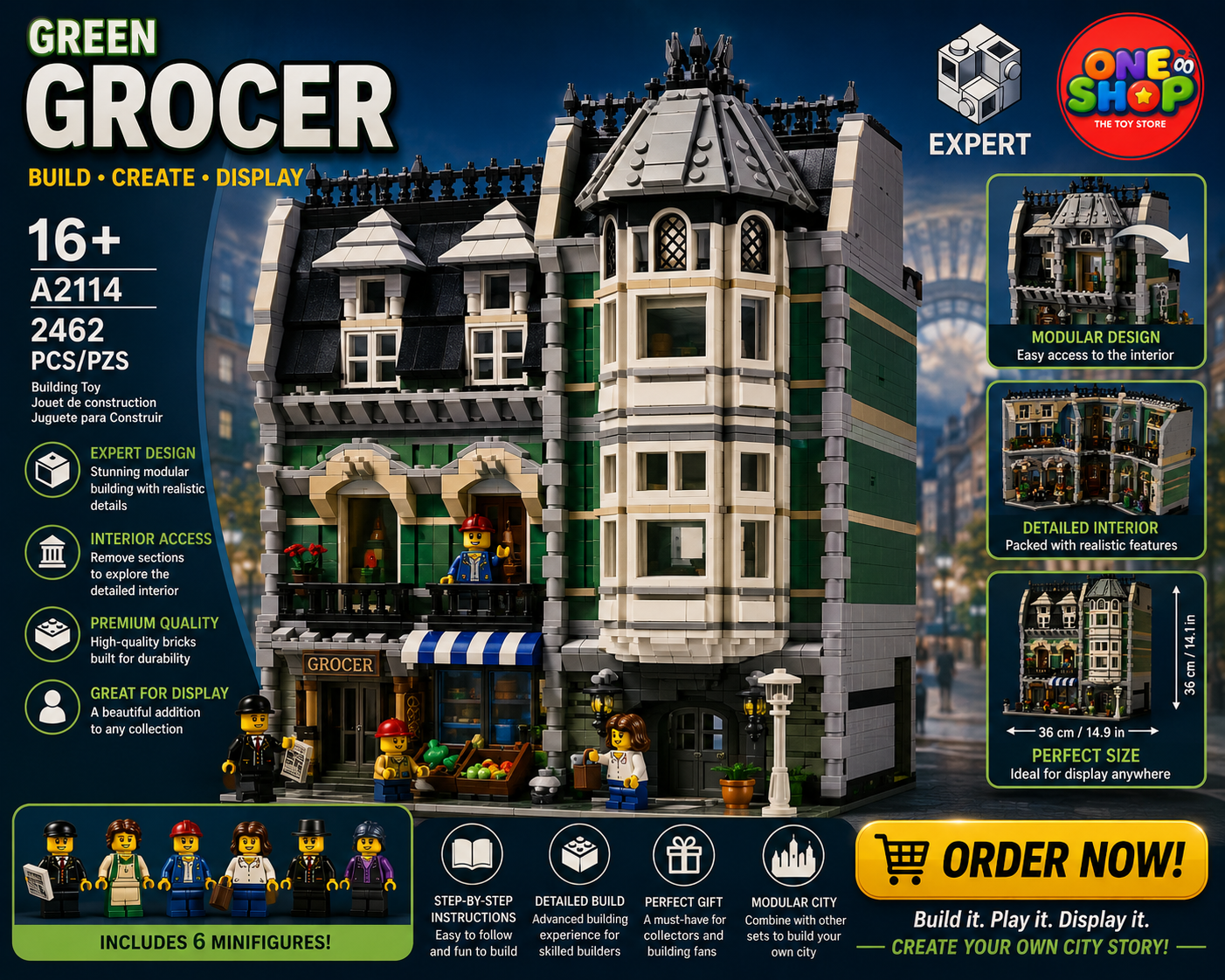 Green Grocer Modular Building Blocks Set 2462 Pieces – Expert City Market Construction Model for Adults | Collectible Street Shop Building Set | Premium STEM Building Toy 16+