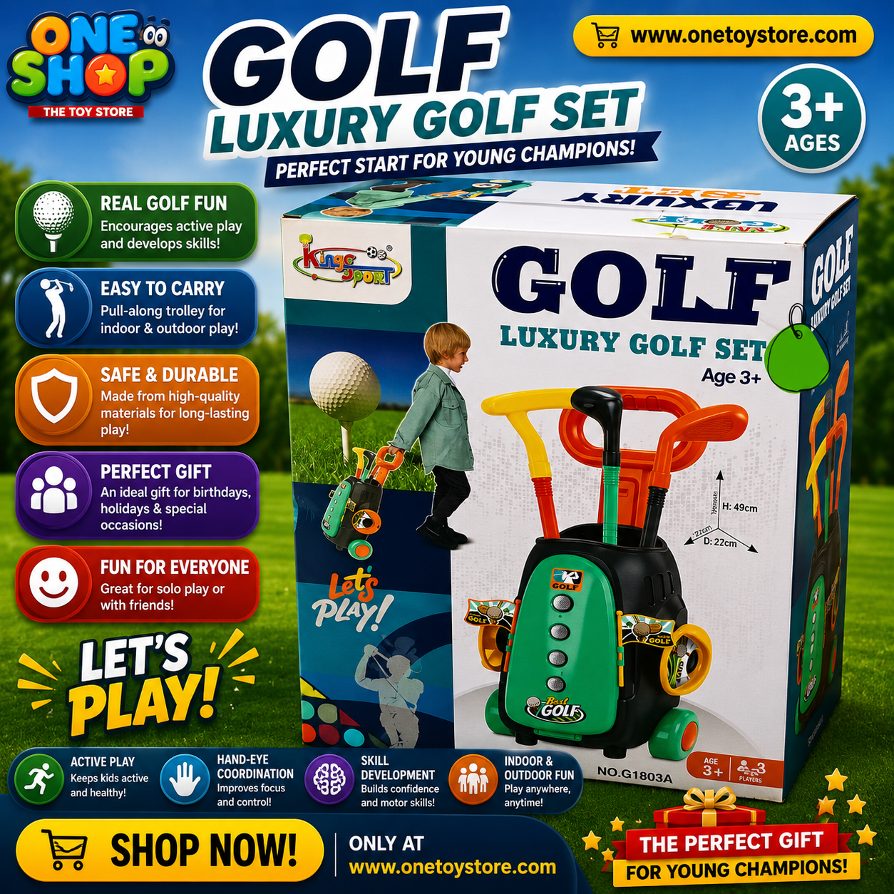 Kids Golf Set with Rolling Golf Trolley – Luxury Golf Play Set for Boys & Girls | Educational Sports Toy with Golf Clubs & Accessories Ages 3+