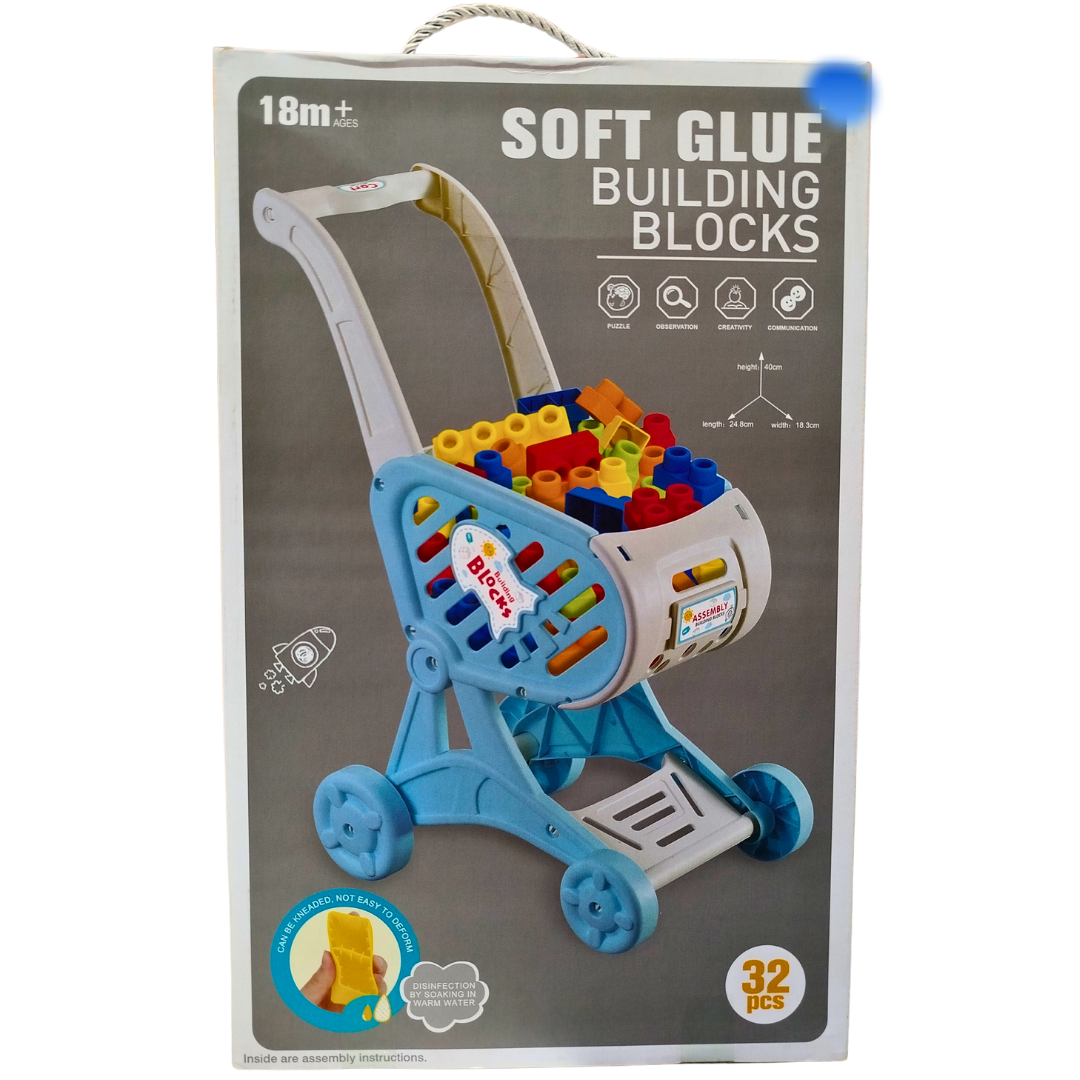 🛒 Soft Building Blocks Trolley Set – 32 PCS Push Cart with Safe Baby Blocks | Ages 18m+ | Early Learning Toy