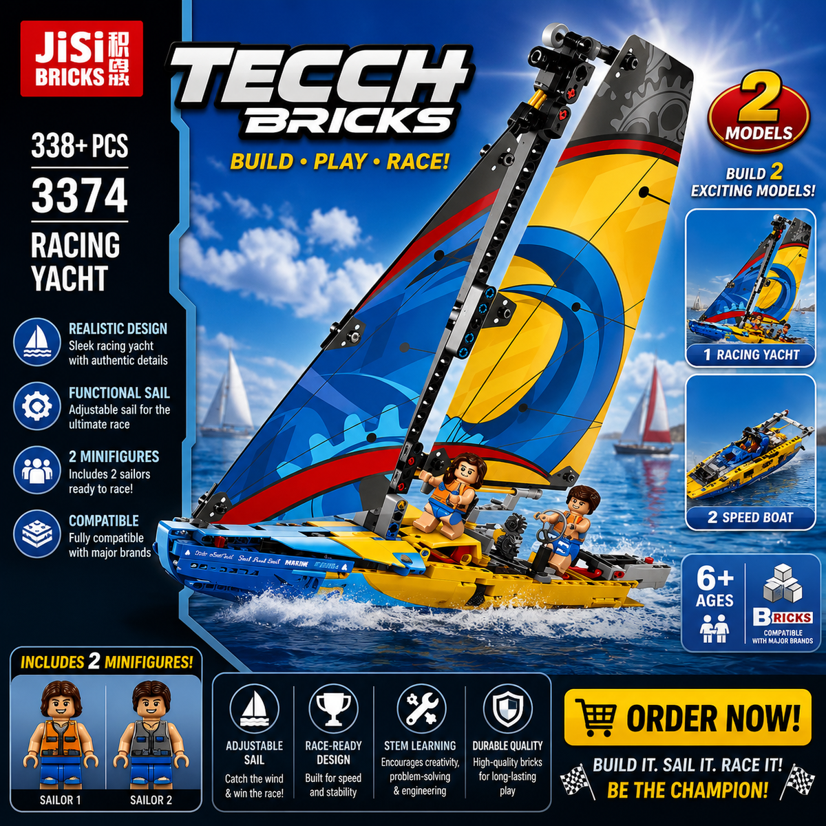 Tech Bricks Racing Yacht Building Blocks Set 338+ Pieces – 2-in-1 Sailboat Construction Toy for Kids | DIY Speed Sailing Boat Model | STEM Educational Building Set 6+ Years