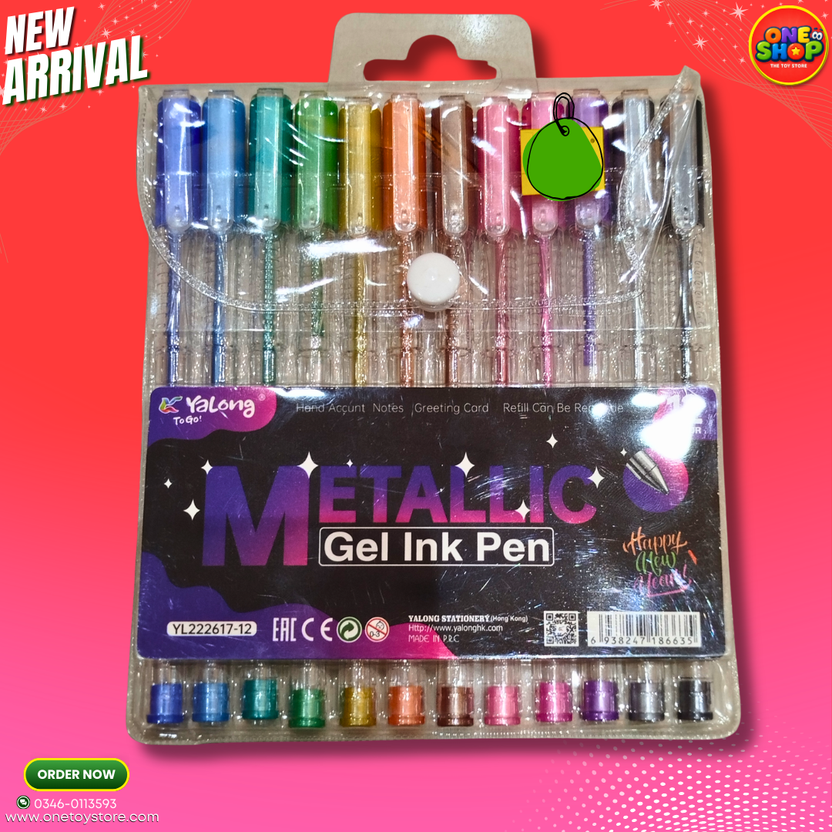Yalong 12 Colors Metallic Gel Ink Pen Set – Glitter & Shimmer Gel Pens for Kids School Projects & Art Supplies in Pakistan Main image