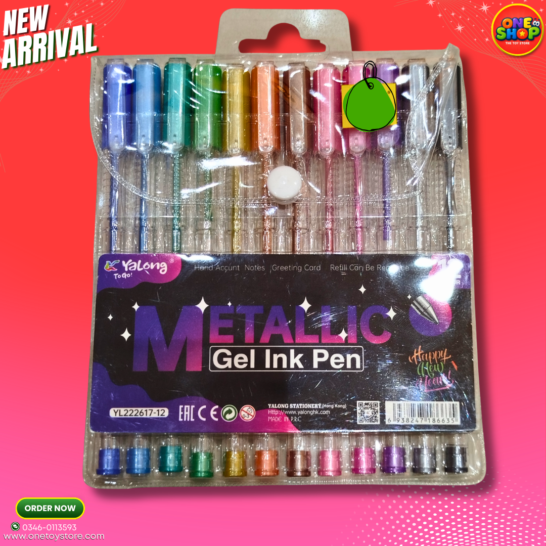 Yalong 12 Colors Metallic Gel Ink Pen Set – Glitter & Shimmer Gel Pens for Kids School Projects & Art Supplies in Pakistan