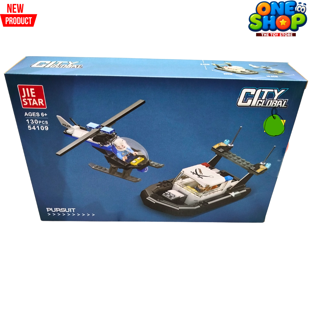 JIE STAR City Global Police Pursuit Building Blocks Set – 130 PCS Police Helicopter & Speed Boat Construction Toy for Kids | Rescue Vehicle Brick Set | Educational STEM Toy for Boys & Girls 6+