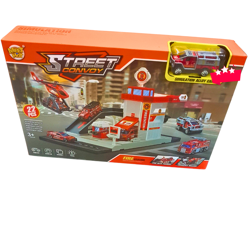 Street Convoy Fire Station Playset – 22-Piece Emergency Rescue Set with Alloy Cars, Helicopter & DIY Assembly (Ages 3+) Main image