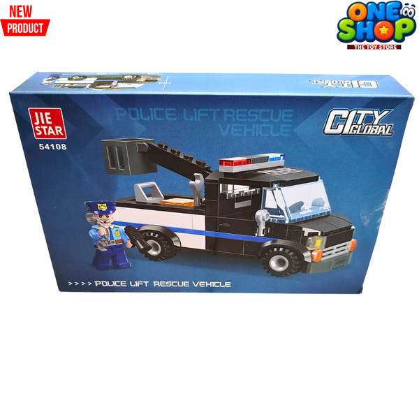 JIE STAR City Global Police Lift Rescue Vehicle Building Blocks Set – Police Tow Truck Construction Toy for Kids | Rescue Crane Truck Brick Set | Educational STEM Toy for Boys & Girls 6+