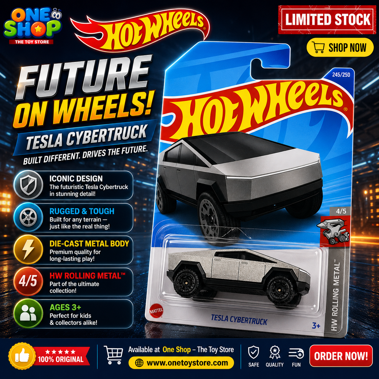 Hot Wheels Tesla Cybertruck Die-Cast Car – Futuristic Electric Pickup Toy | HW Rolling Metal Series Kids Toy Pakistan