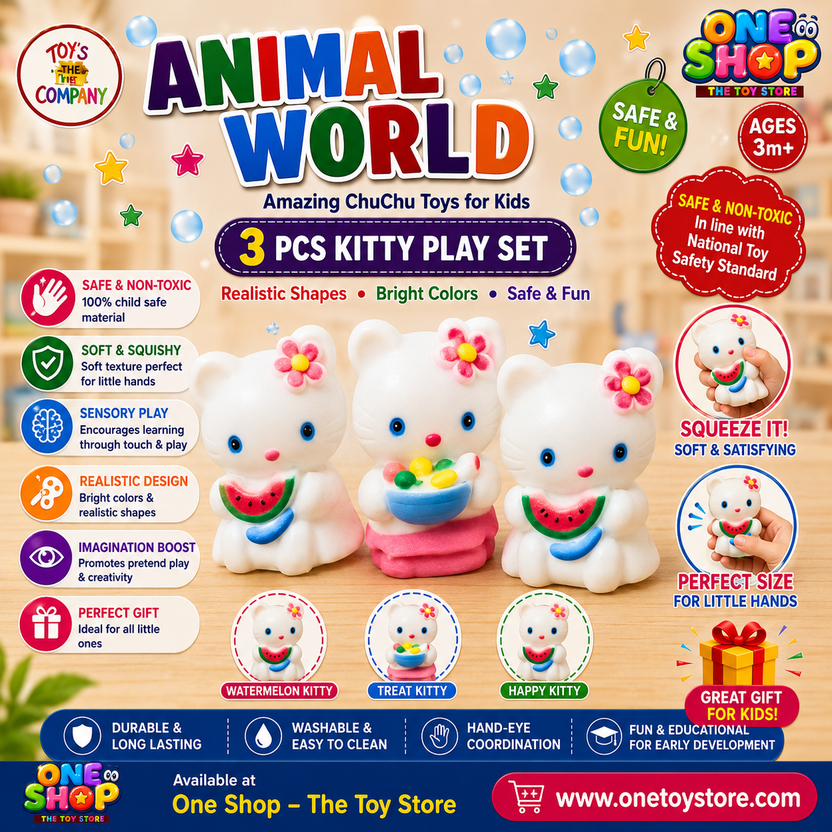 Animal World Kitty Squishy Toy Set – 3PCS Cute Cat Sensory Squeeze Toys for Kids | Soft Non-Toxic Animal Toys | Educational Pretend Play Gift for Girls & Boys 3+ Years Main image