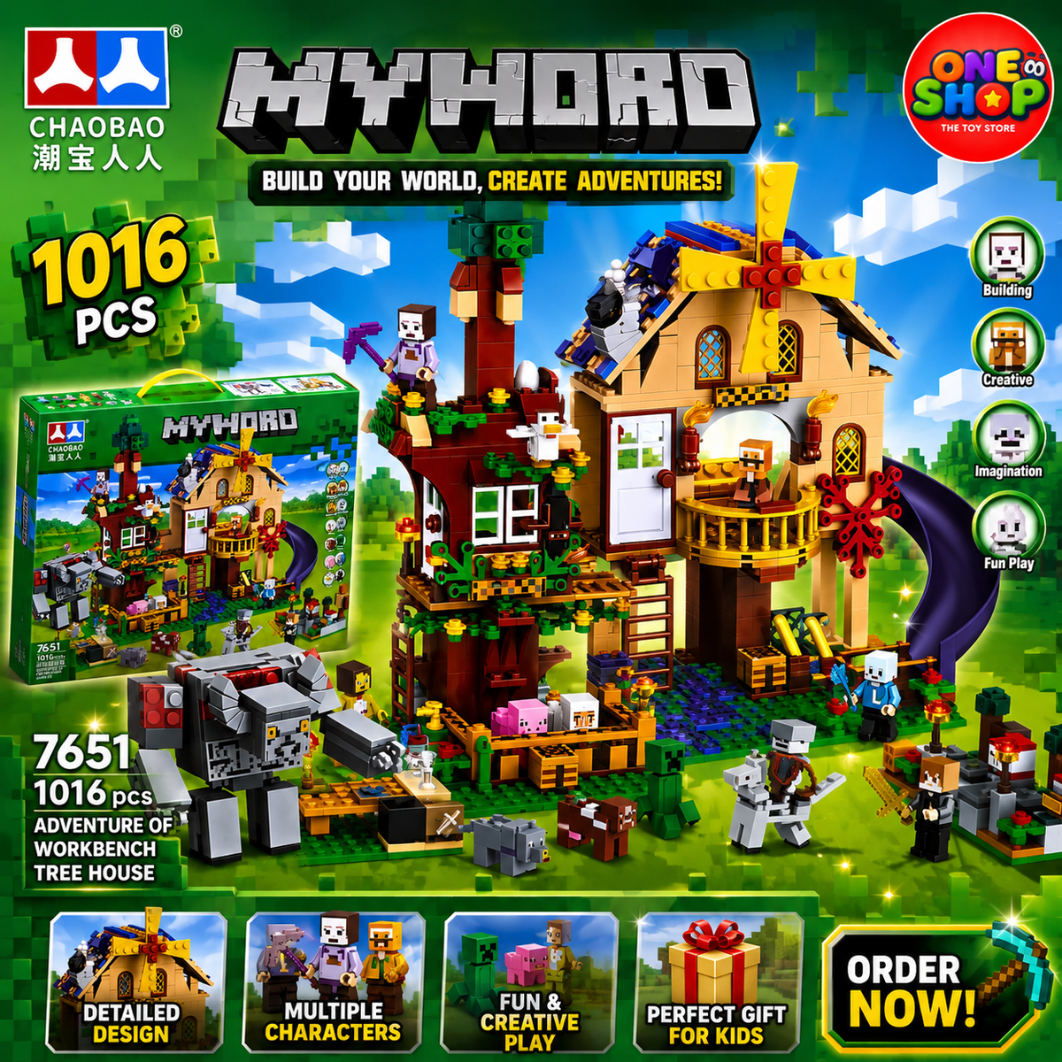Minecraft-Inspired My World Tree House Building Blocks Set – 1016 Pieces Creative Construction Toy with Figures, Animals & Windmill for Kids