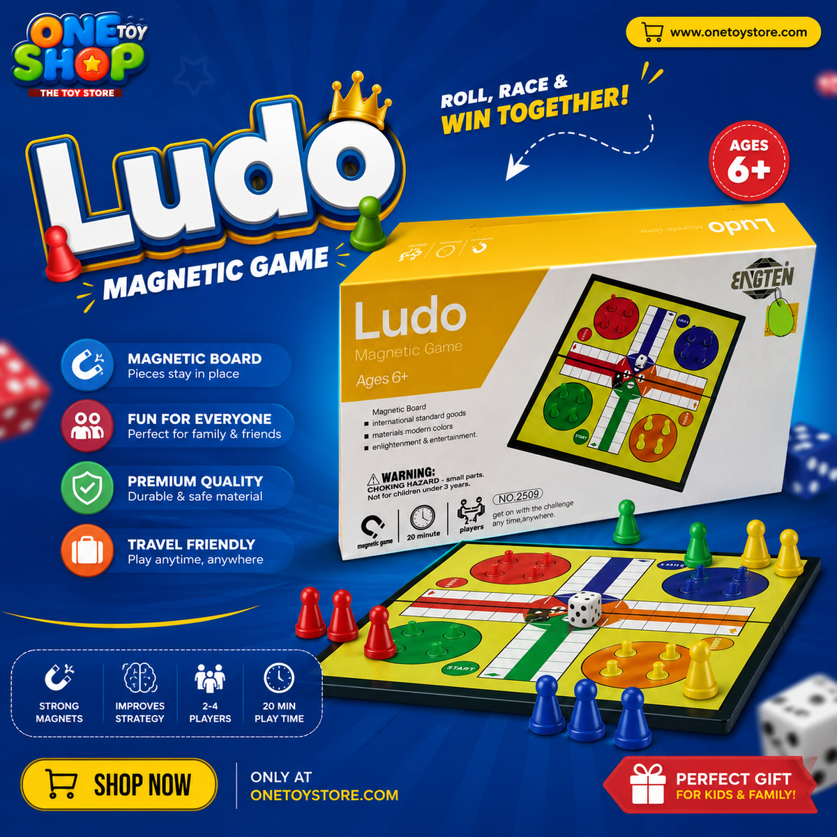 Magnetic Ludo Board Game for Kids & Family – Portable Travel Ludo Game with Magnetic Pieces | 4 Players Educational Strategy Board Game Ages 6+