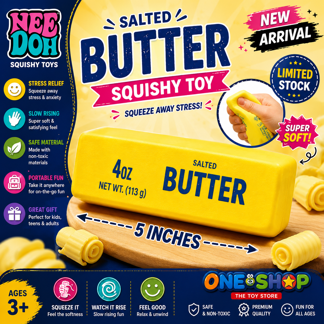 NeeDoh Salted Butter Squishy Toy – Slow Rising Stress Relief Squeeze Toy for Kids & Adults | Super Soft Sensory Fidget Toy | Non-Toxic Squishy Butter Block Gift (5 Inches)