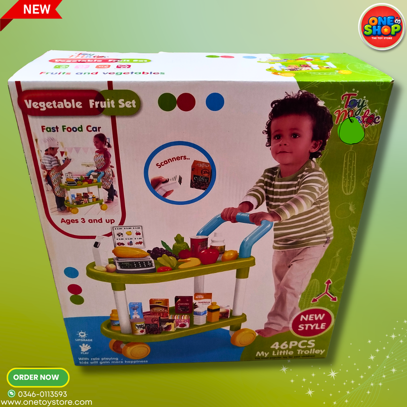 Kids Vegetable & Fruit Shopping Cart Toy Set – 46PCS Pretend Play Grocery Trolley with Scanner & Accessories | Educational Role Play Toy for Boys & Girls 3+ Years Main image