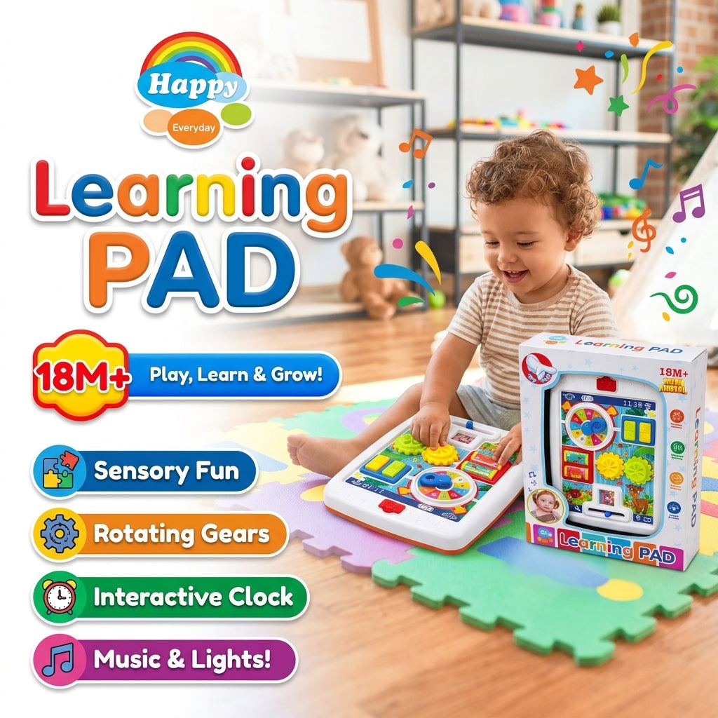 Happy Everyday Learning Pad – Interactive Baby Activity Board with Clock, Gears, Animal Pictures & Sounds | 18 Months+
