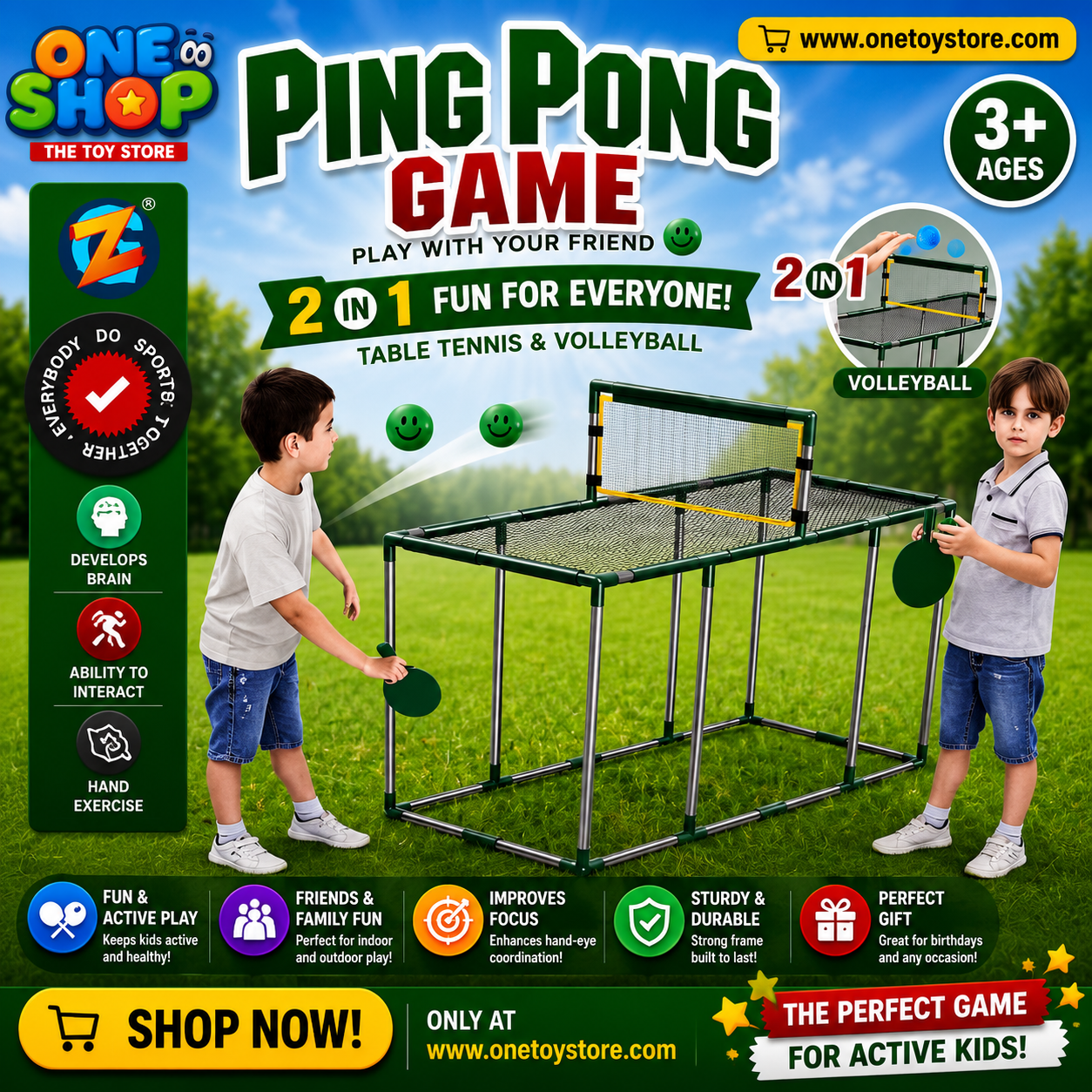 2-in-1 Kids Ping Pong & Volleyball Table Set – Portable Table Tennis Game with Net, Paddles & Balls | Indoor Sports Toy for Boys & Girls