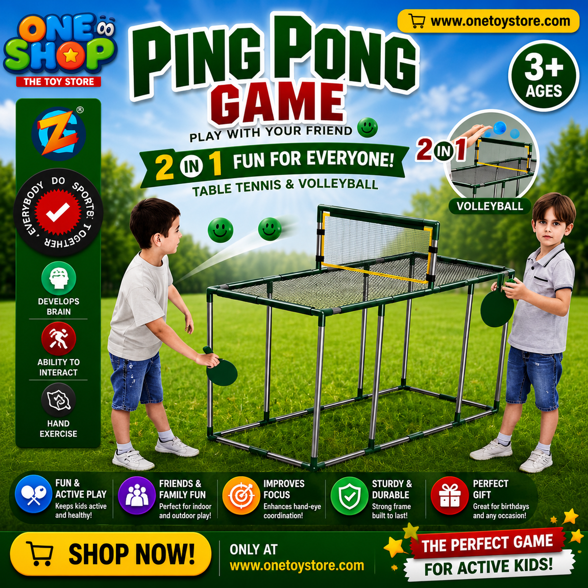 2-in-1 Kids Ping Pong & Volleyball Table Set – Portable Table Tennis Game with Net, Paddles & Balls | Indoor Sports Toy for Boys & Girls