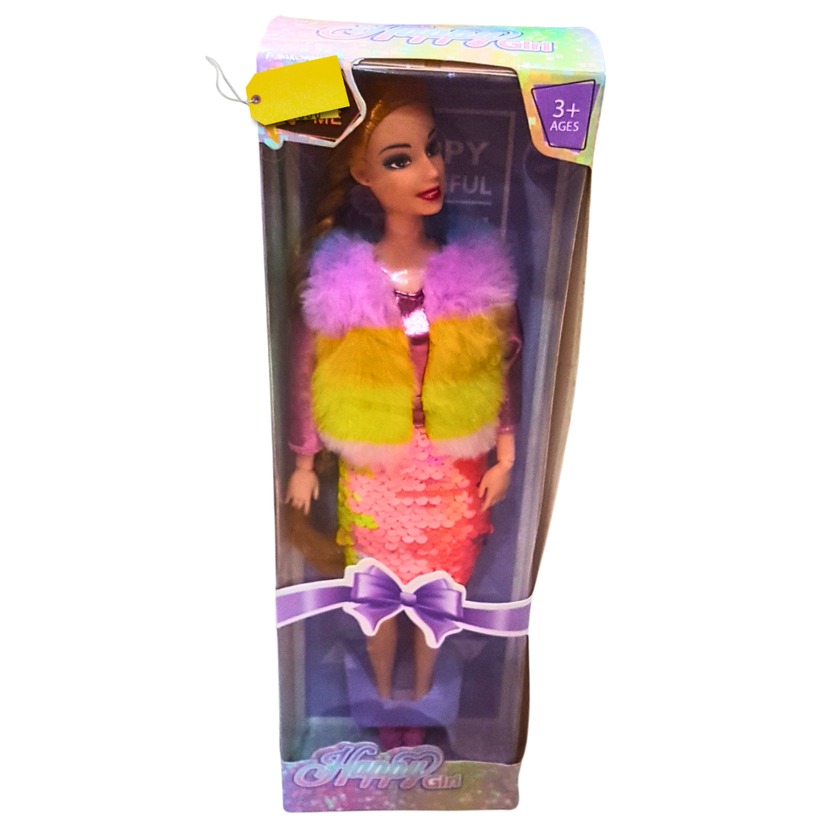 Happy Girl Sequin Fashion Dolls – Sparkling Dresses with Colorful Fur Vests – Glamorous Play for Kids (3+) Main image