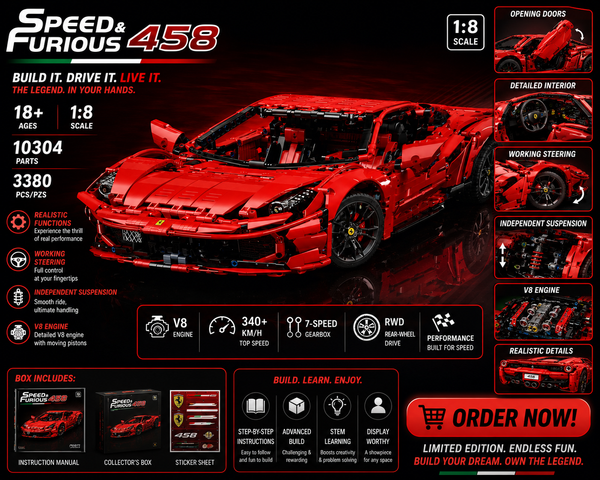 1:8 Scale Super Sports Car Building Blocks Set 3380 Pieces – Premium Hypercar Construction Model for Adults & Collectors | Advanced Technic Racing Car STEM Building Kit