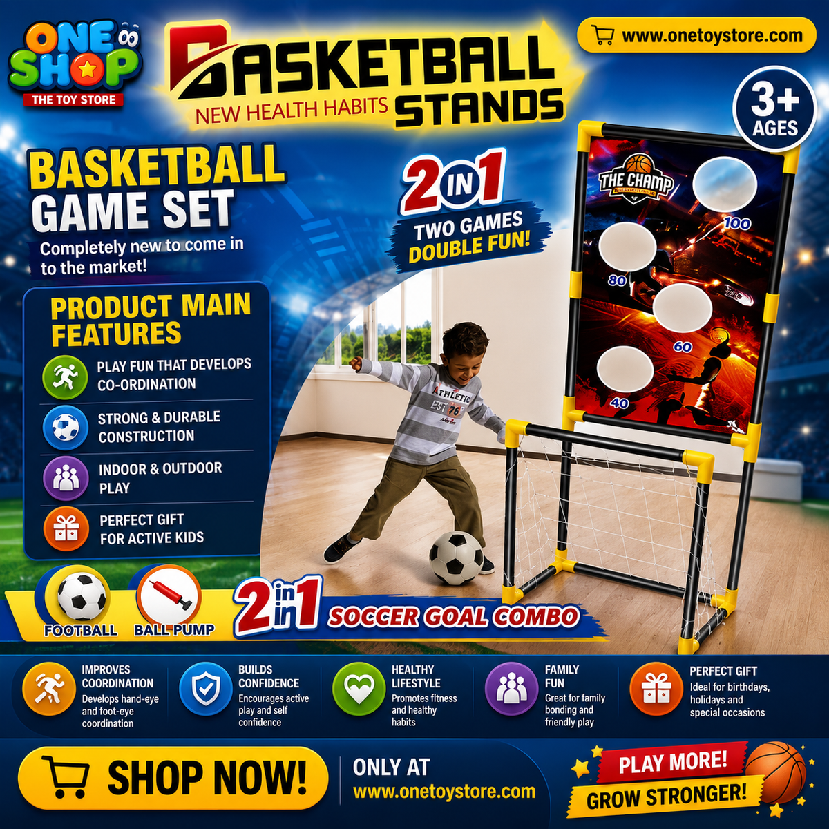 2-in-1 Basketball Hoop & Soccer Goal Set for Kids – Indoor & Outdoor Sports Training Game with Ball Pump | Interactive Sports Toy for Boys & Girls