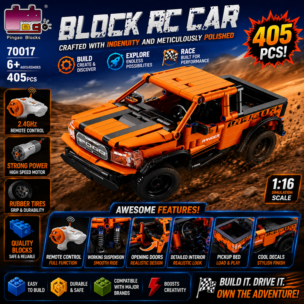 Pingao Blocks RC Pickup Truck Building Set – 405 Pieces Remote Control Construction Vehicle with 2.4GHz Controller | 1:16 Scale RC Car for Kids 6+ | Model 70017