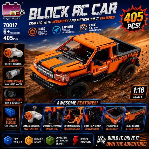 Pingao Blocks RC Pickup Truck Building Set – 405 Pieces Remote Control Construction Vehicle with 2.4GHz Controller | 1:16 Scale RC Car for Kids 6+ | Model 70017