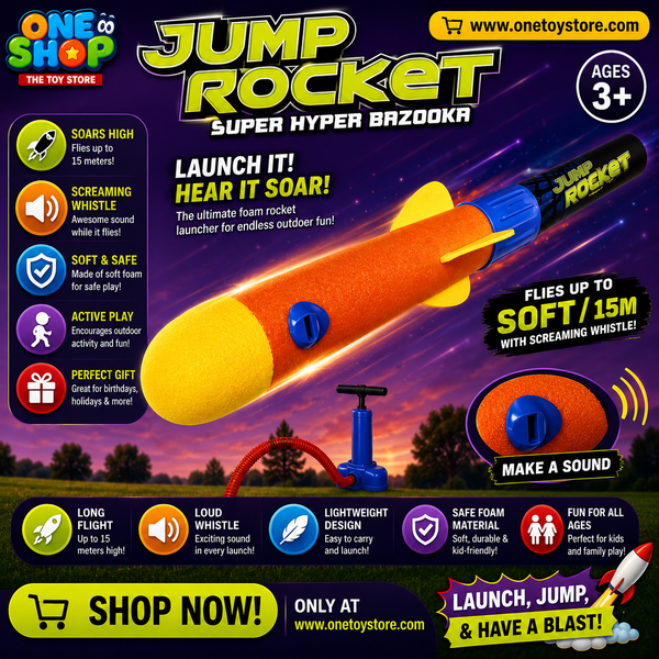 Jump Rocket Launcher Toy for Kids – Foam Stomp Rocket Set with Whistling Sound | Outdoor Flying Rocket Game Reaches Up to 50 Feet (15m)