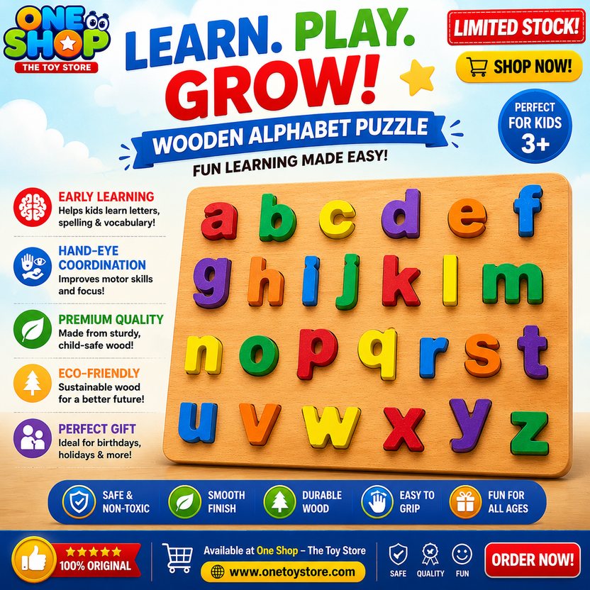 Wooden Alphabet Puzzle Board – Colorful Lowercase ABC Letters Learning Toy | Montessori Educational Puzzle for Kids (Ages 3+) Main image