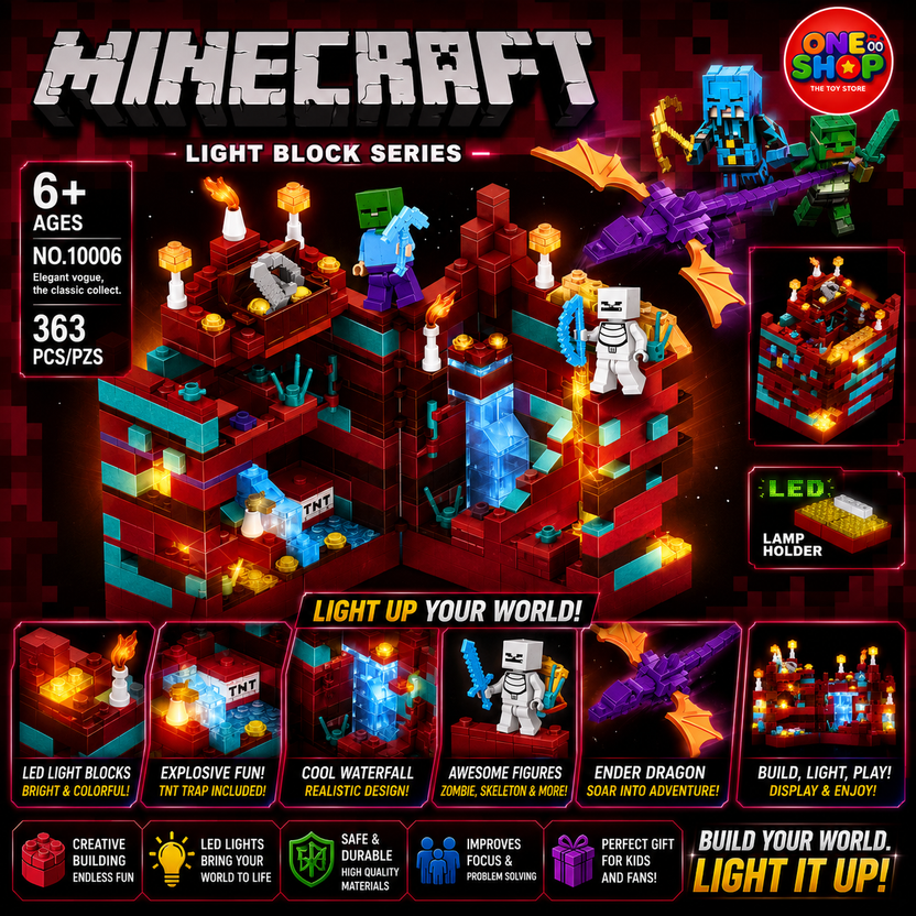 Minecraft Light Block Series Nether Adventure Building Blocks Set – 363 Pieces LED Construction Toy with Dragon, Figures & Light-Up Display for Kids 6+ | Model 10006 Main image