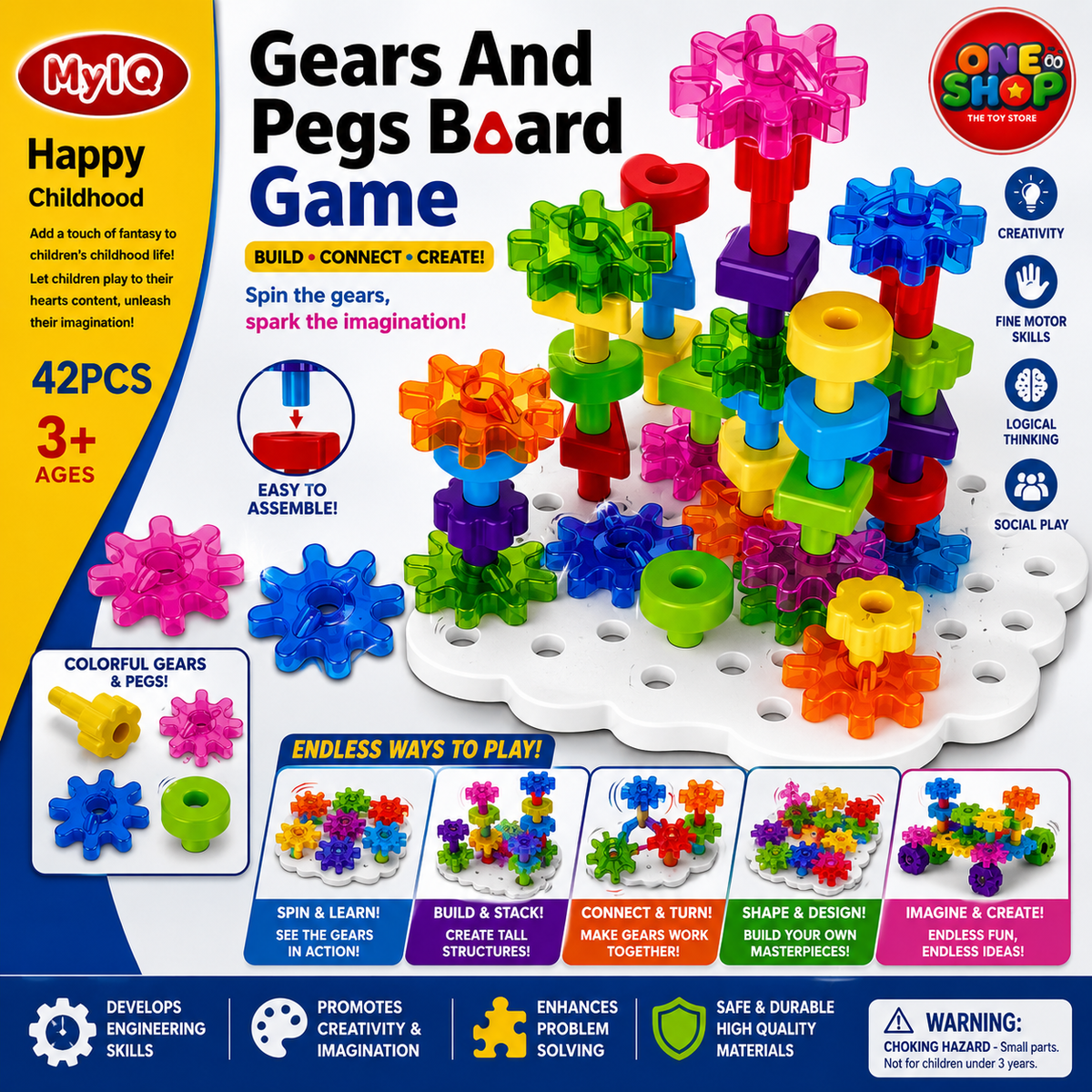 MyIQ Gears and Pegs Board Game – 42 Pieces Educational STEM Learning Toy for Kids 3+ | Creative Gear Building & Fine Motor Skills Activity Set