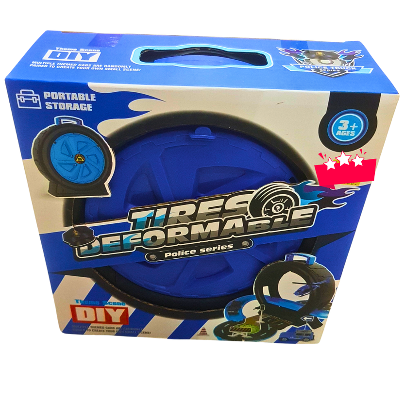 Deformable Tire Track Playset – DIY Portable Police Car Toy with Transforming Wheel Case & Road Accessories (Ages 3+) Main image