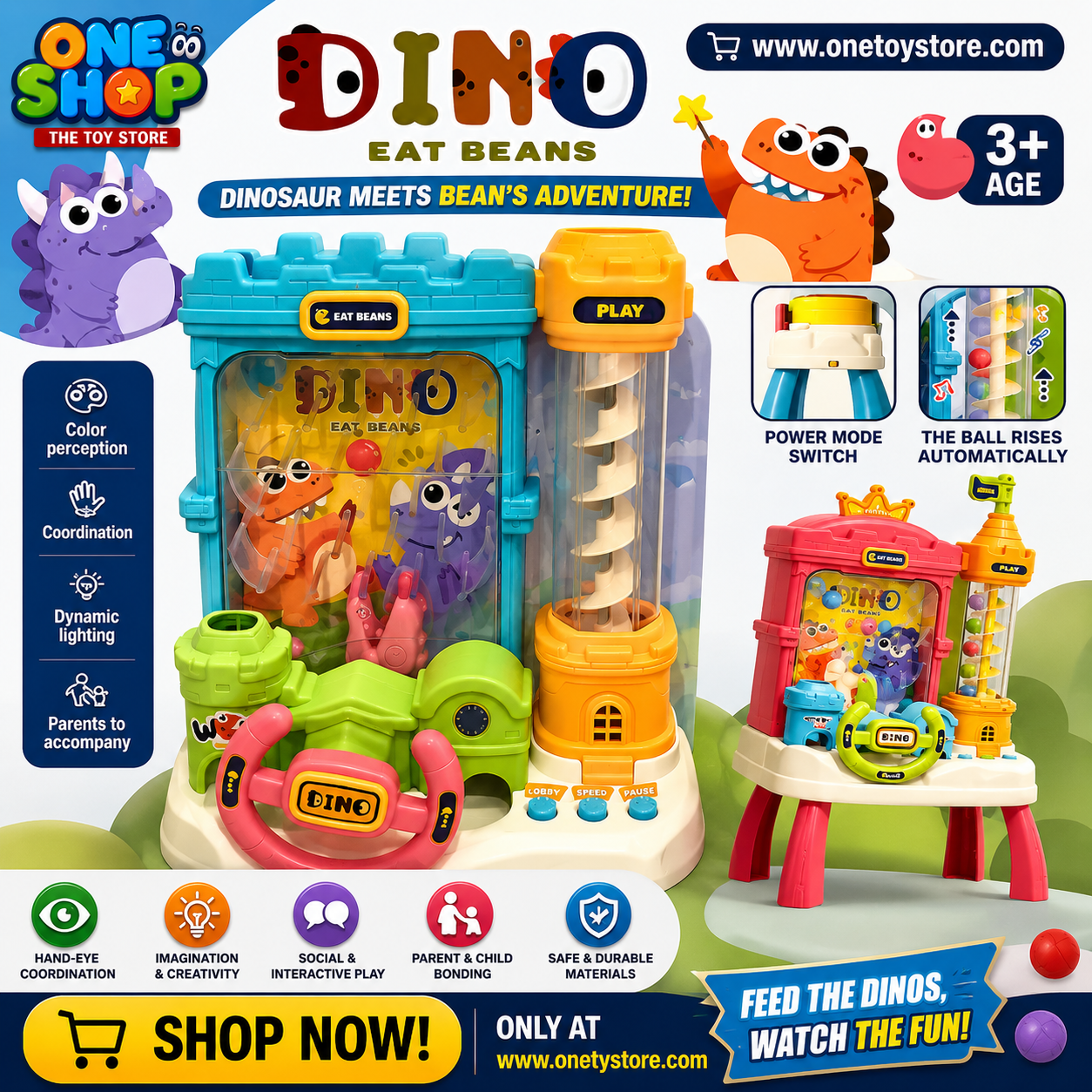 Dinosaur Eat Beans Adventure Game for Kids – Interactive Automatic Ball Feeding & Catching Toy with Lights and Music | Educational Dino Activity Toy Ages 3+