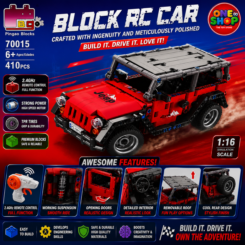 Pingao Blocks RC Jeep Building Set – 410 Pieces Remote Control Off-Road Vehicle Construction Toy with 2.4GHz Controller | 1:16 Scale RC Car for Kids 6+ | Model 70015 Main image