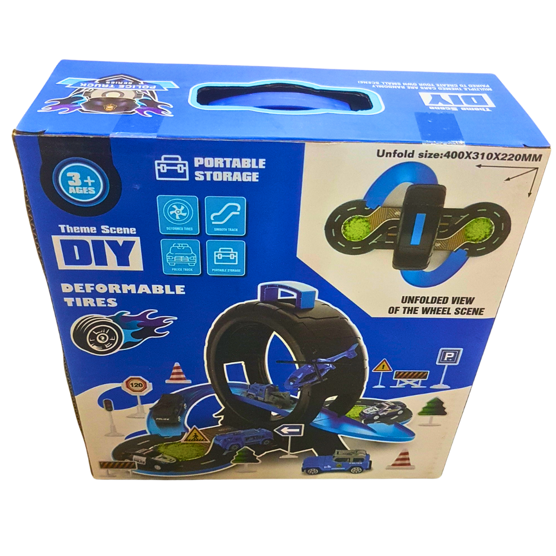 Deformable Tire Track Playset – DIY Portable Police Car Toy with Transforming Wheel Case & Road Accessories (Ages 3+)