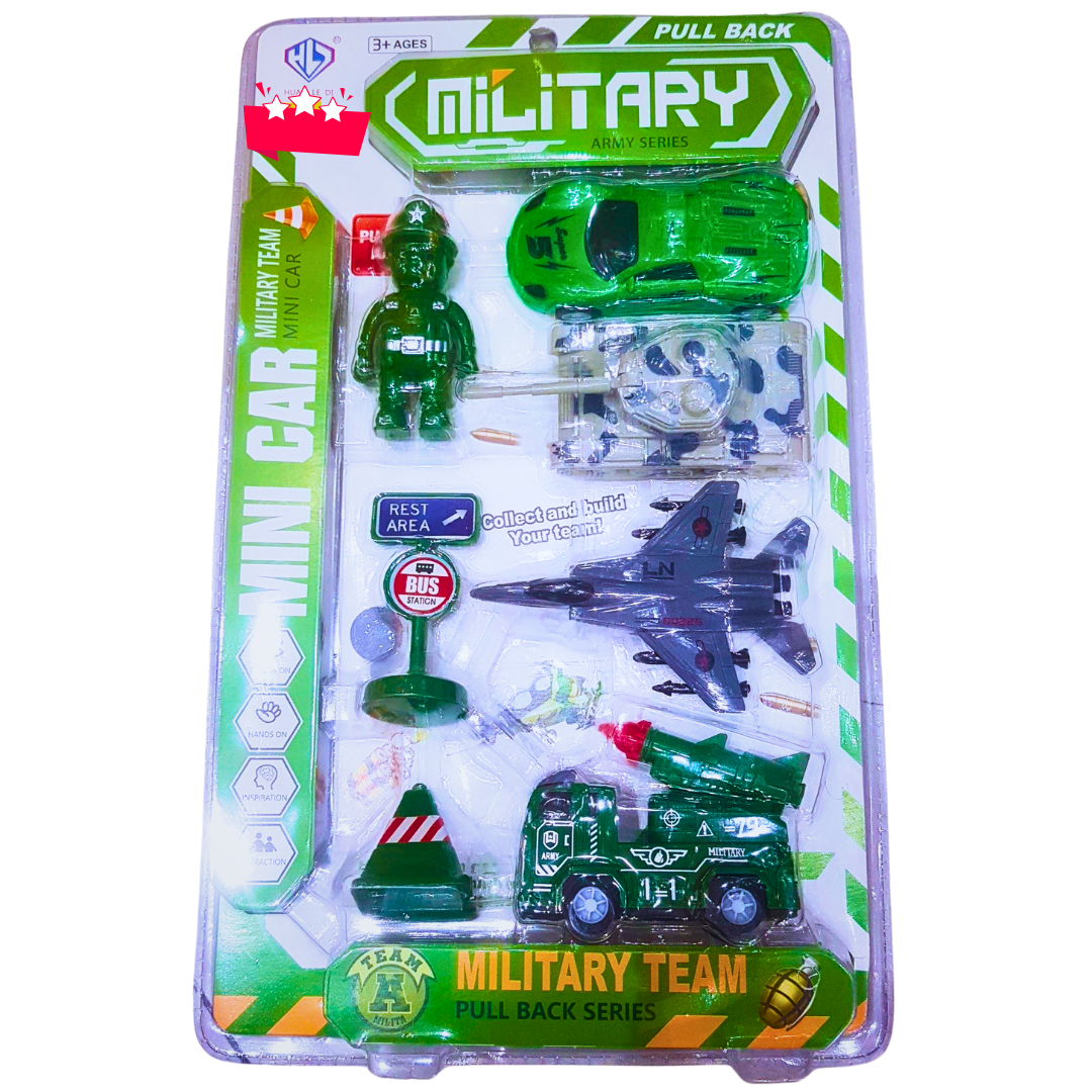 Military Team Mini Vehicle Toy Set – Army Pull Back Cars, Helicopter, Jet, and Soldier Figure (Ages 3+)