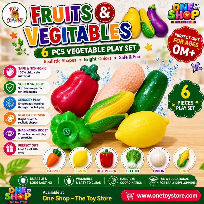Fruits & Vegetables Soft Squishy Toy Set – 6PCS Educational Food Toys for Kids | Non-Toxic Sensory Squeeze Vegetables | Pretend Play Learning Toys for Toddlers 6M+ Main image