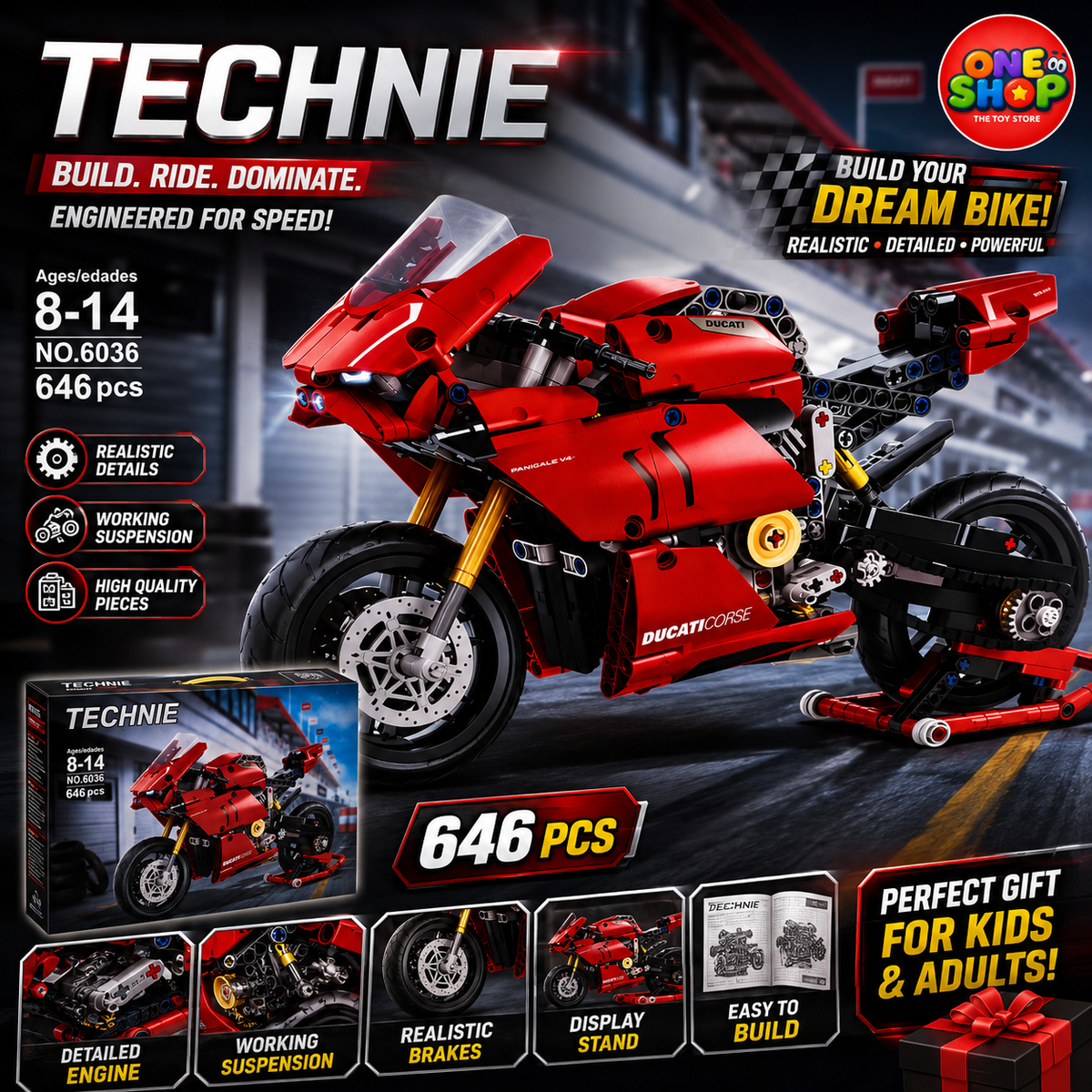 Technic Ducati Panigale V4 Motorcycle Building Blocks Set – 646 Pieces Racing Bike Construction Toy for Kids 8-14 Years