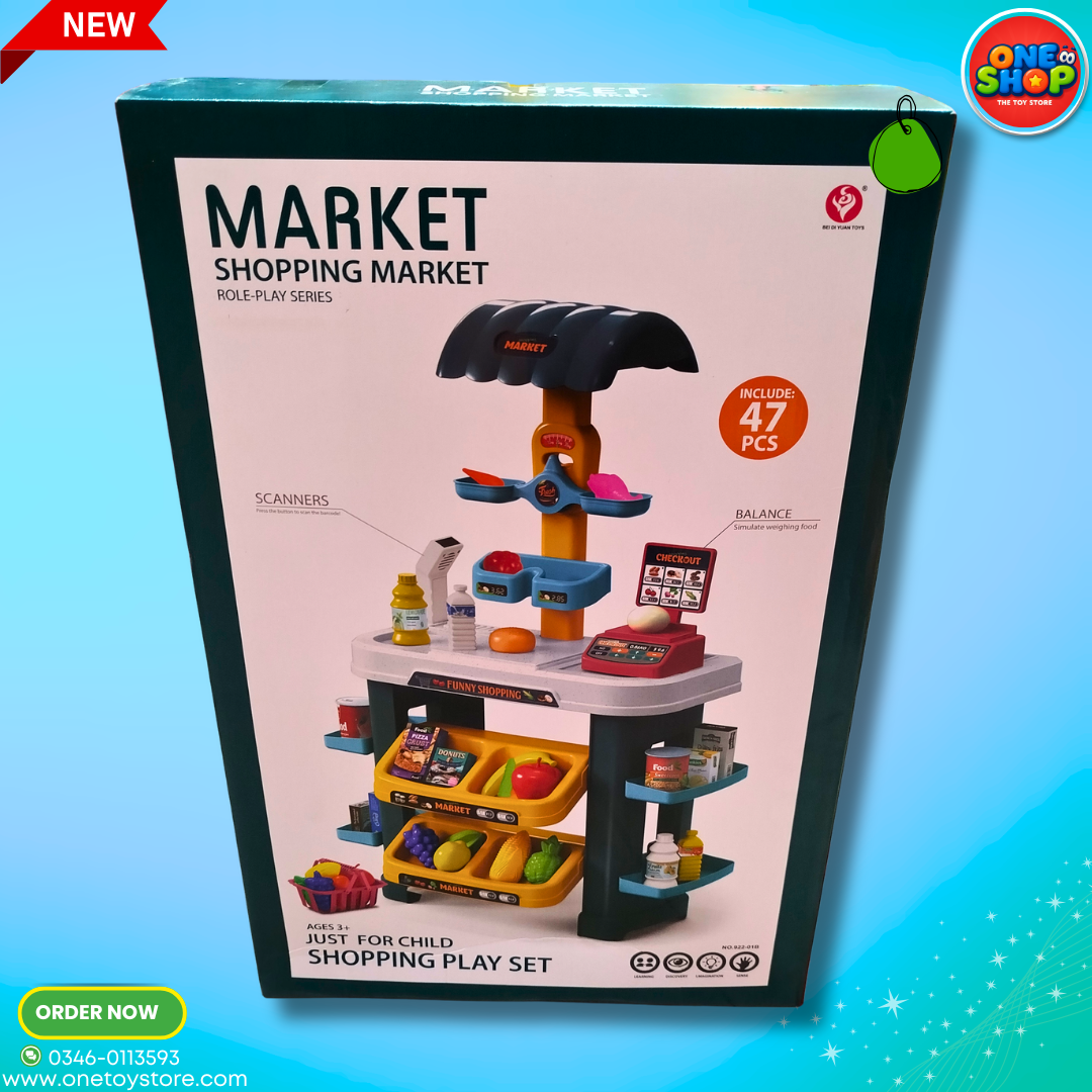 Kids Shopping Market Play Set – 47PCS Supermarket Role Play Toy with Scanner & Weighing Scale | Pretend Play Grocery Store for Boys & Girls 3+ Years