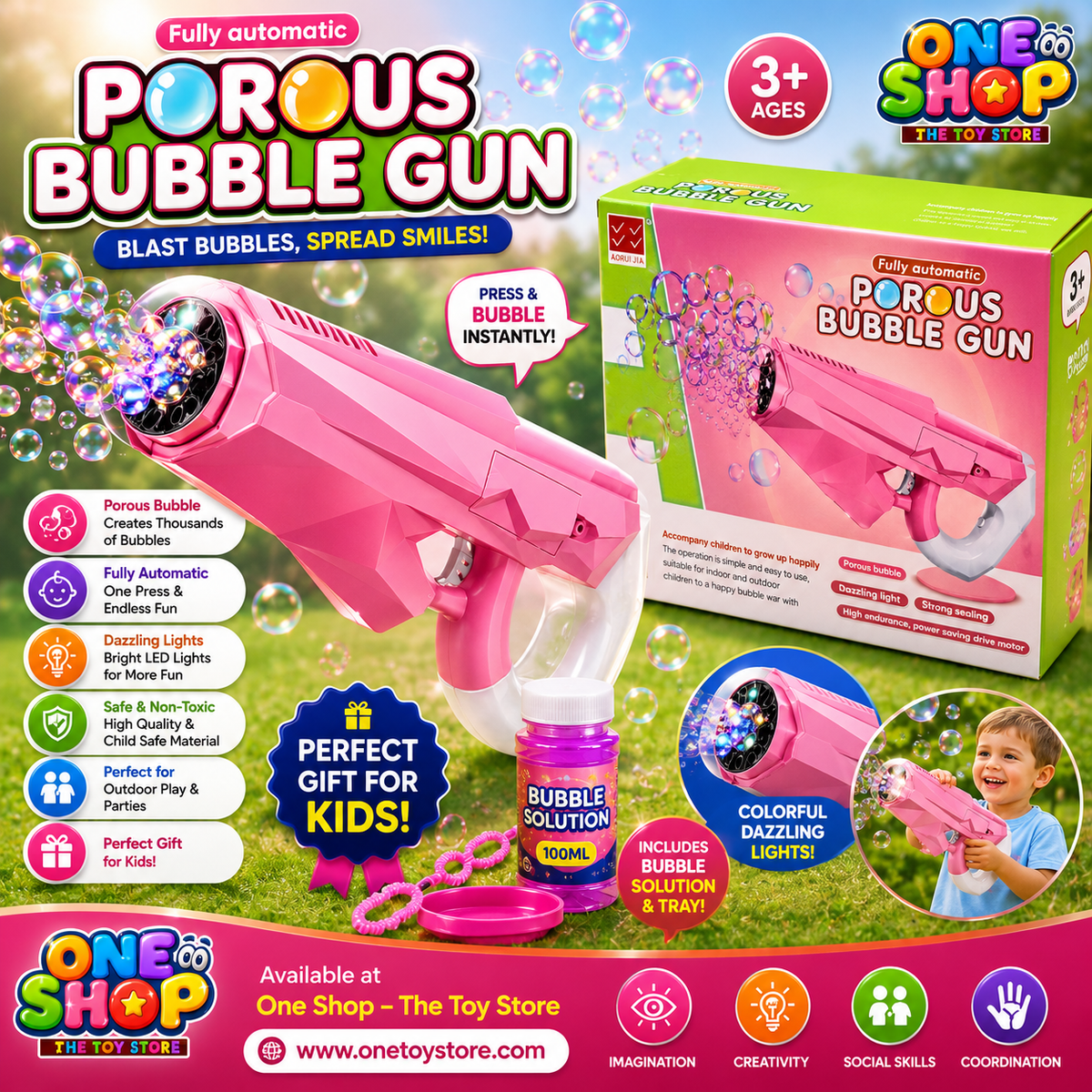 Automatic Bubble Gun for Kids with LED Lights | Porous Bubble Blaster Toy | Bubble Machine Gun for Boys & Girls Outdoor Fun