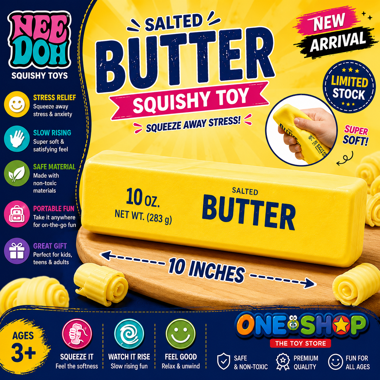 NeeDoh Giant Salted Butter Squishy Toy 10 Inch – Jumbo Slow Rising Stress Relief Squeeze Toy for Kids & Adults | Super Soft Sensory Fidget Toy | Non-Toxic Gift
