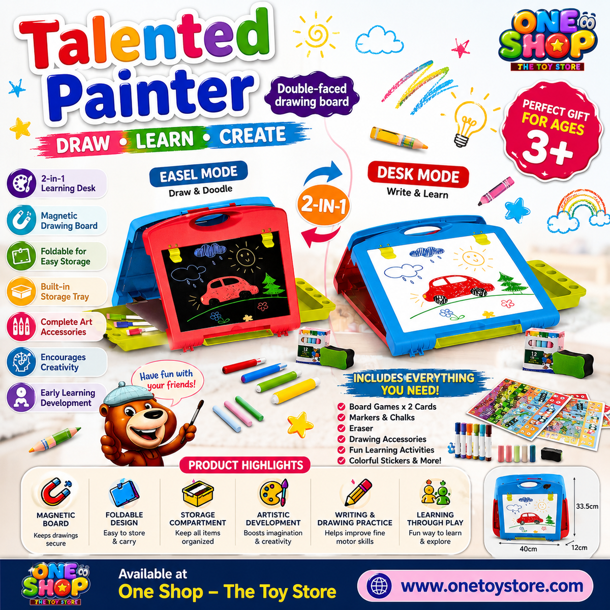 Talented Painter 27-Piece Double-Sided Drawing Board for Kids | Portable Art Easel & Writing Board Set | Educational Learning Toy for Boys & Girls 3+