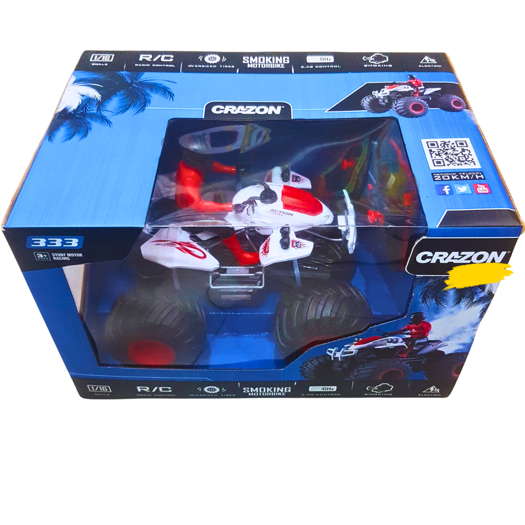 CraZon 1:16 Scale RC Stunt Motorbike – High-Speed Remote Control Quad Bike with Oversized Tires & Realistic Smoke Effect (20KM/H, 2.4GHz Control, Rechargeable)
